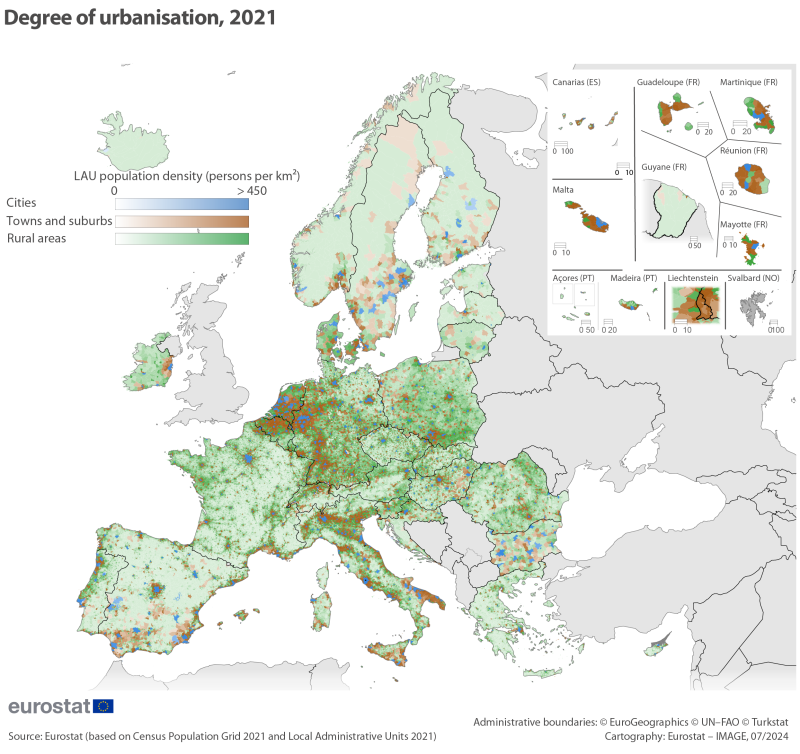 A categorical map showing the degree of urbanisation typology based on information for local administrative units. The map identifies the following classes: cities, towns, suburbs, villages, dispersed rural areas, mostly uninhabited areas. Data are shown for EU, EFTA and candidate countries.