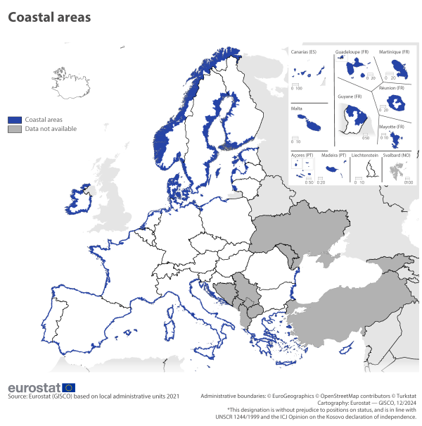 A map showing coastal and non-coastal areas. Data are for EU countries around the Baltic Sea.