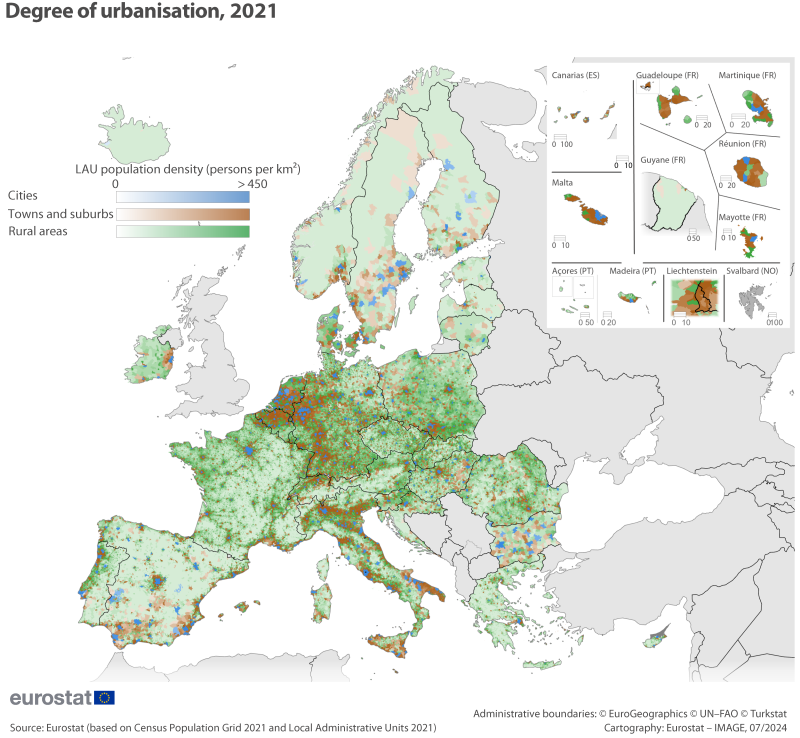 A categorical map showing the degree of urbanisation for local administrative units. Areas are shown as cities, towns and suburbs, or rural areas. Data for EU and EFTA countries.