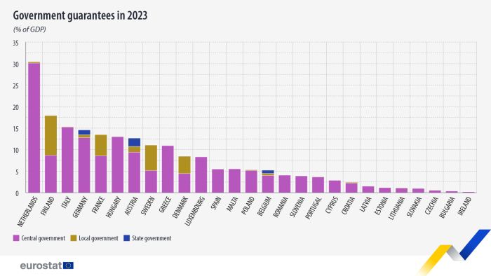 The vertical bar chart shows government guarantees as percentage of GDP in individual EU Member States for the year 2023. Each country column has three stacks representing central government, state government and local government.