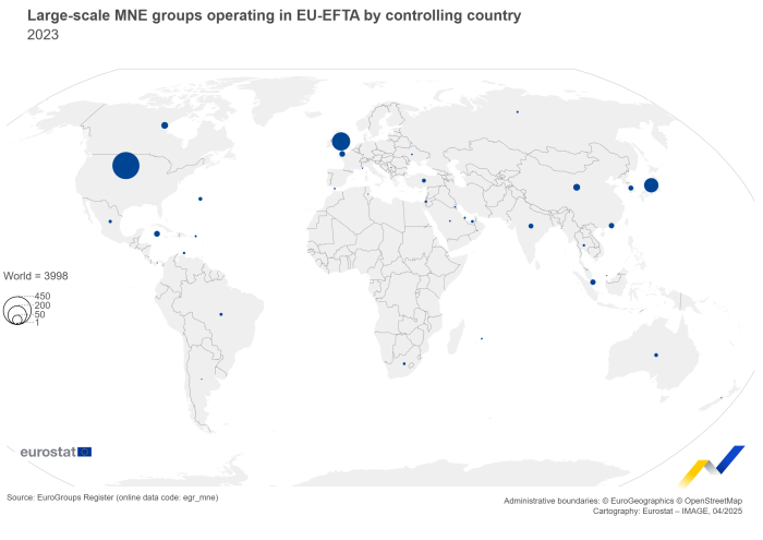 A map chart showing the number of large-scale multinational enterprise groups by country of control for the year 2023.