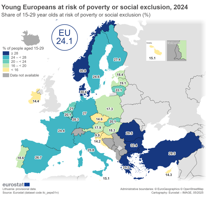 a map showing the share of young people at risk of poverty or social exclusion in 2024 as a percentage for ages 15 to 29 in the EU, the euro area, EU Member States and some of the EFTA countries and candidate countries.