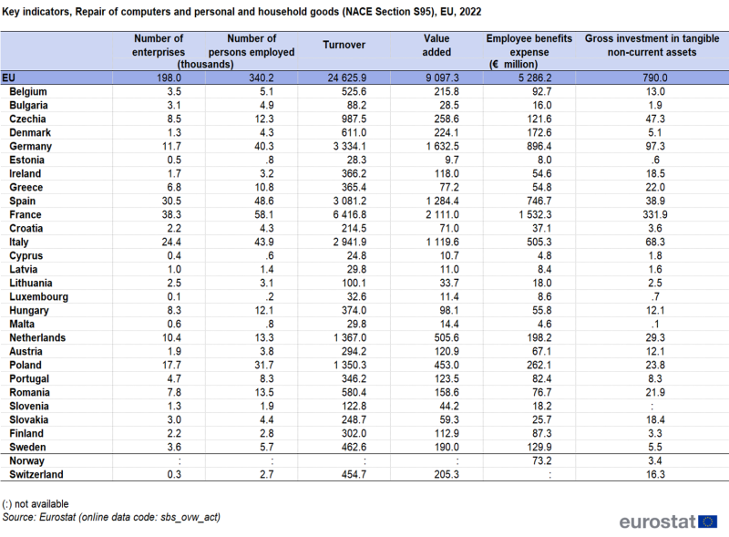 File:T 3a Key indicators, Repair of computers and personal and household goods (NACE Section S95), EU, 2022.png