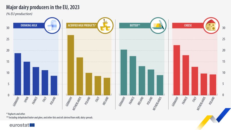 Infographic showing major dairy producers as percentage of EU production for the year 2023. The top five countries for the four categories drinking milk, acidified milk products, butter and cheese are shown.
